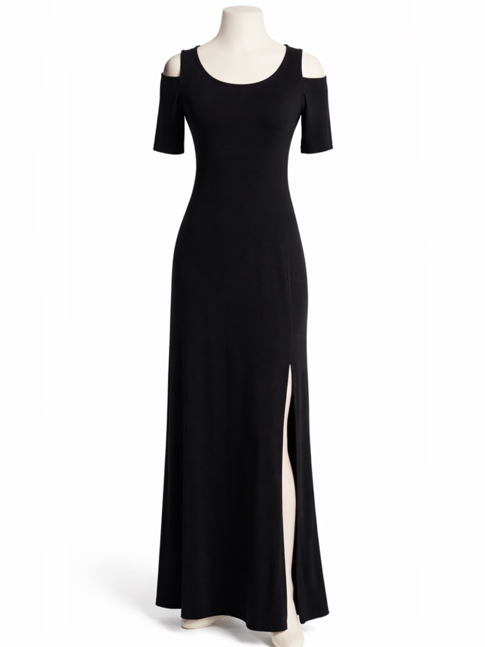 Chico’s Black Cold Shoulder Maxi Dress Side Slit Stretch Jersey Gown 0